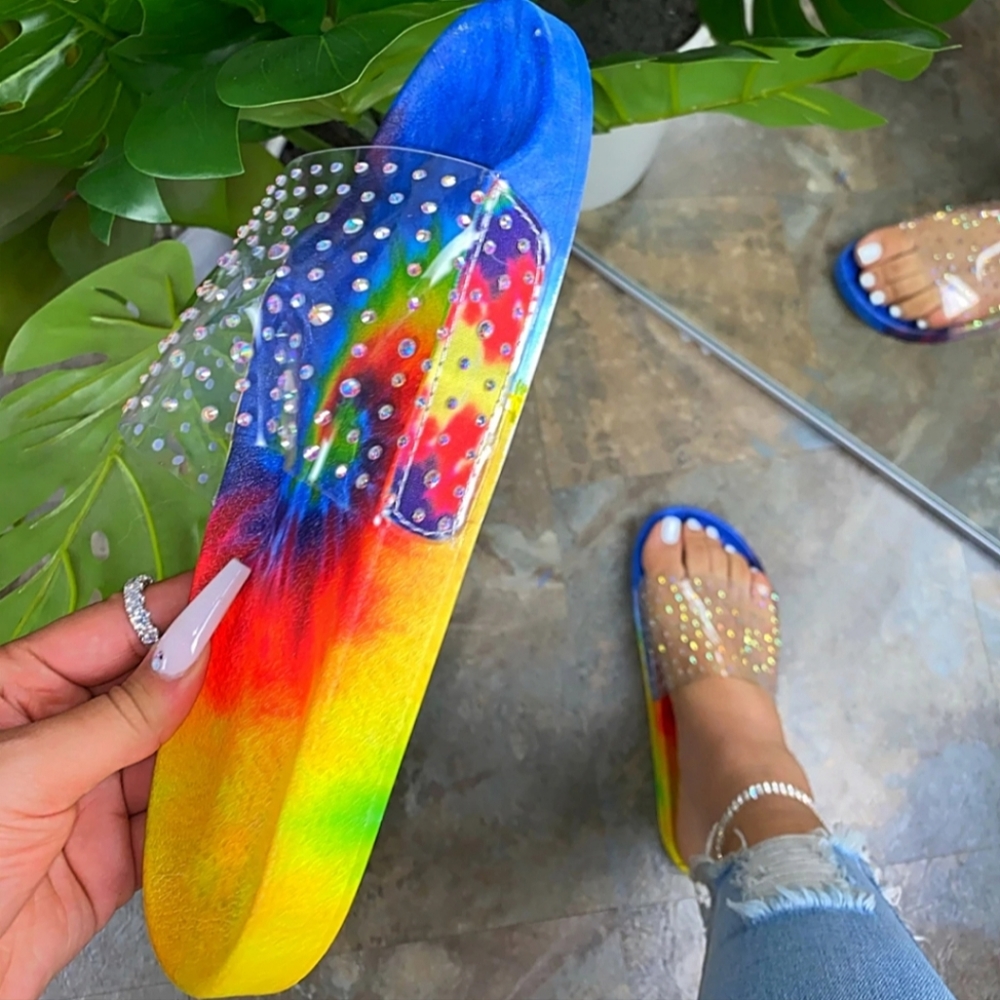 💎Tie-Dye Rainbow Multi Colored Silver Rhinestone Women's Summer Sandal💎 - Picture 3 of 3